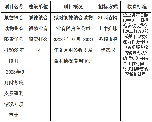 景德鎮(zhèn)合誠物業(yè)有限責任公司2022年10月-2023年9月財務(wù)收支及盈利情況專項審計的計劃公告